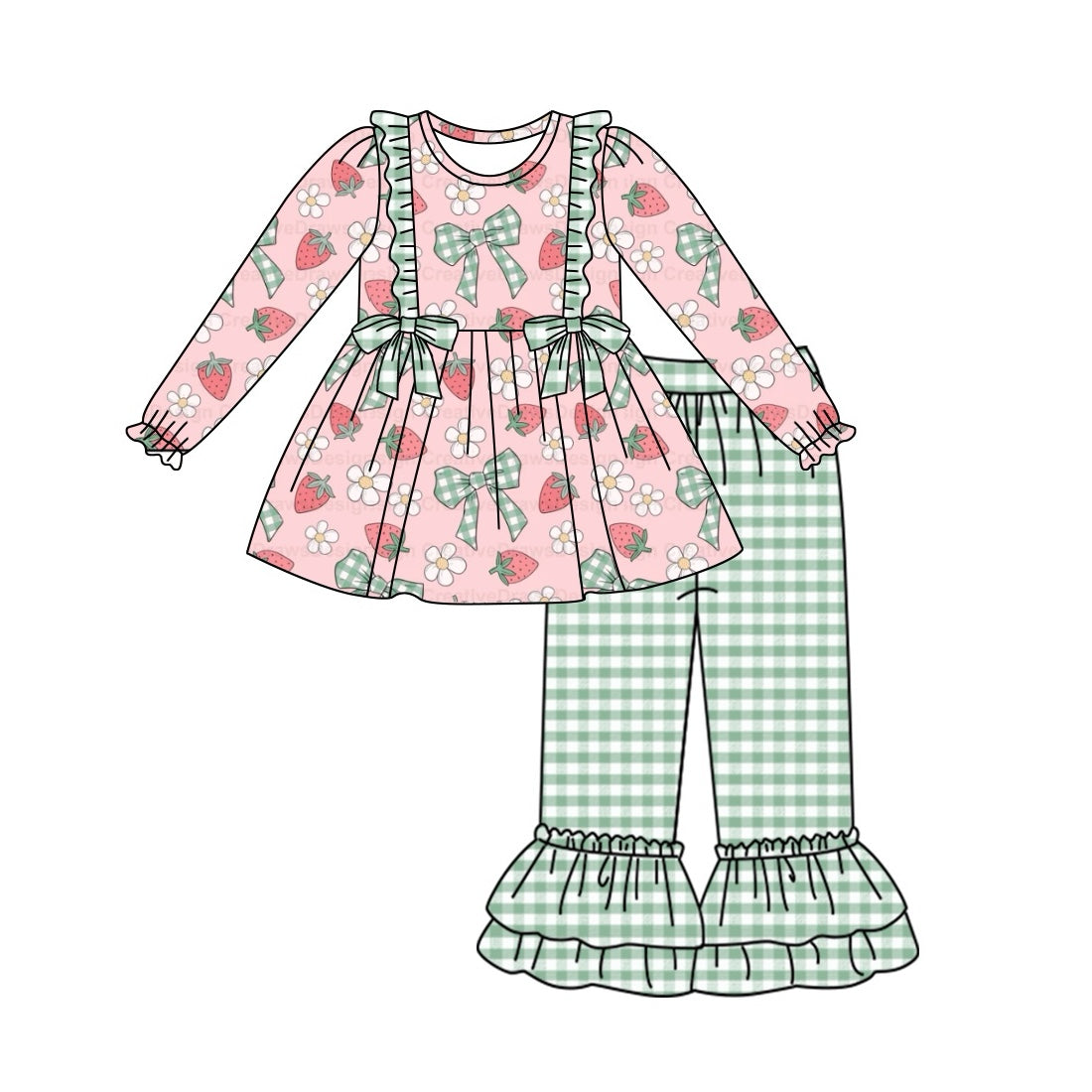 Baby Girls Strawberry Bows Tunic Ruffle Checkered Pants Clothes Sets preorder(MOQ 5)