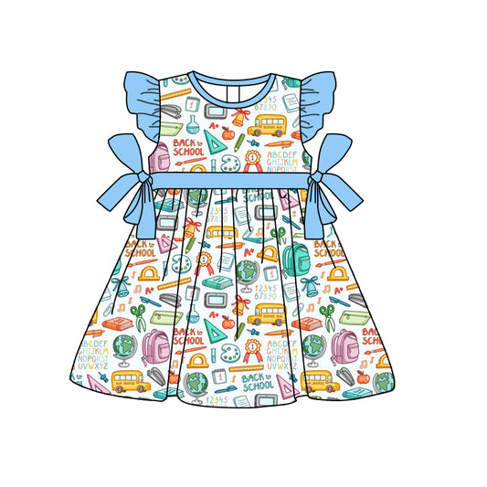 Baby Girls Back To School Buses Flutter Sleeve Bow Knee Length Dresses preorder(moq 5)