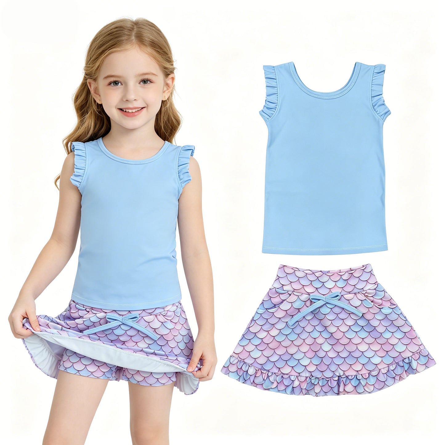 Baby Girls Blue Vest Mermaid Pockets Skirt Short Yoga Active Clothes Set