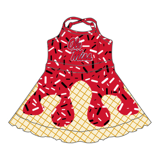 Preorder (moq 5)Baby Girls Drip Sprinkles Ole Miss Team Shorts Ruffle Knee Length Dress