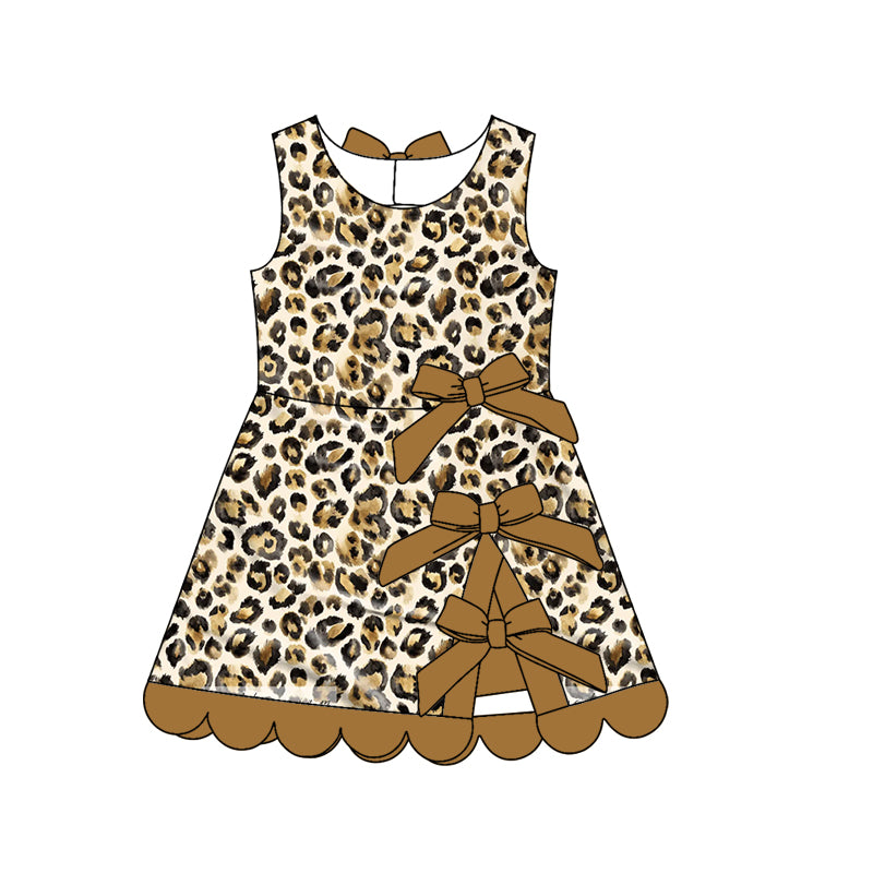 Preorder (moq 5)Baby Girls Sleeveless Brown Leopard Short Scallop Knee Length Dresses
