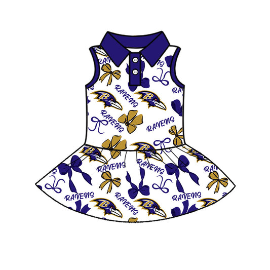 Preorder (moq 5)Baby Girls Hot Blue Sleeveless Button Ravens Bows Shorts Team Knee Length Dresses