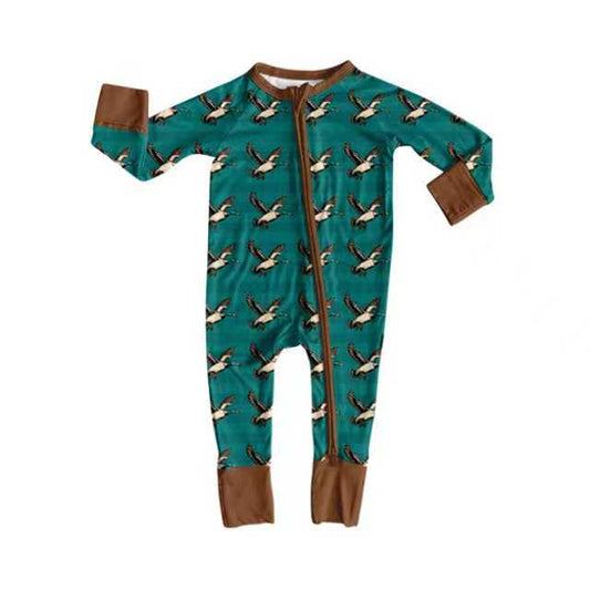 Preorder (moq 20)Baby Boys Bamboo Ducks Plaid Western Zipper Footie Rompers