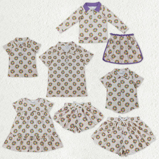 Family Adult Kids Mardigras Donuts Dress Button Polo Shirts Tops Skorts Clothes Set Yoga Shorts