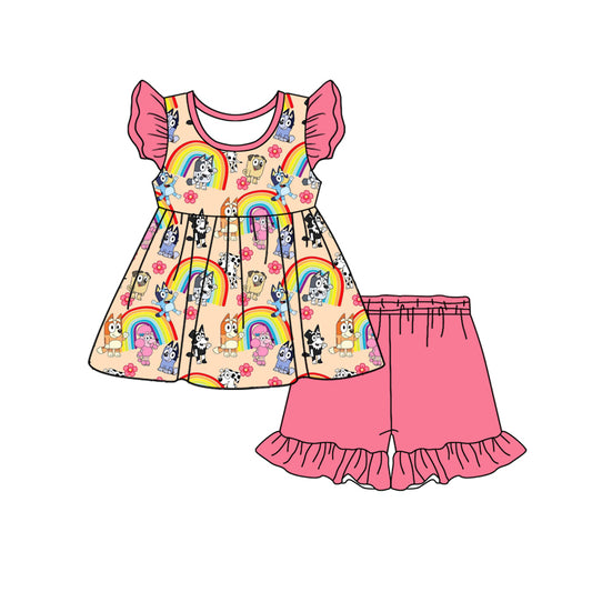 Preorder (moq 5)Baby Girls Dogs Flowers Rainbow Top Ruffle Shorts Clothes Sets