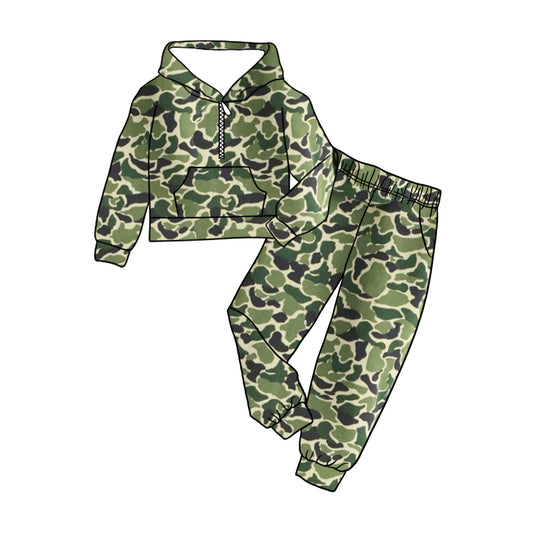 Preorder (moq 5)Baby Boys Bright Green Camouflage Zipper Pullovers Pockets Jogging Sets