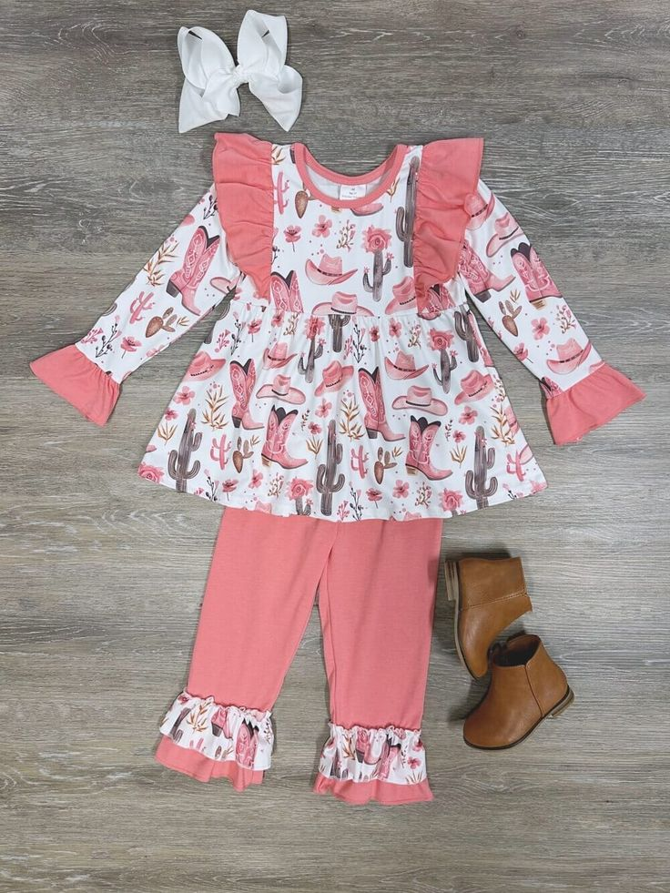 Baby Girls Western Boots Tunic Tops Ruffle Pants Clothes Sets