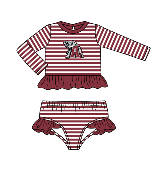 Preorder (moq 5)Baby Girls Red Stripe A Elephants Ruffle Top Bummies Team 2 Piece Swimsuits