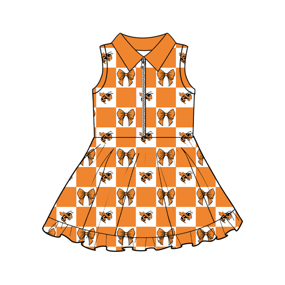 Preorder (moq 5)Baby Girls Orange Bow Hornets Checked Zip Short Team Knee Length Dresses