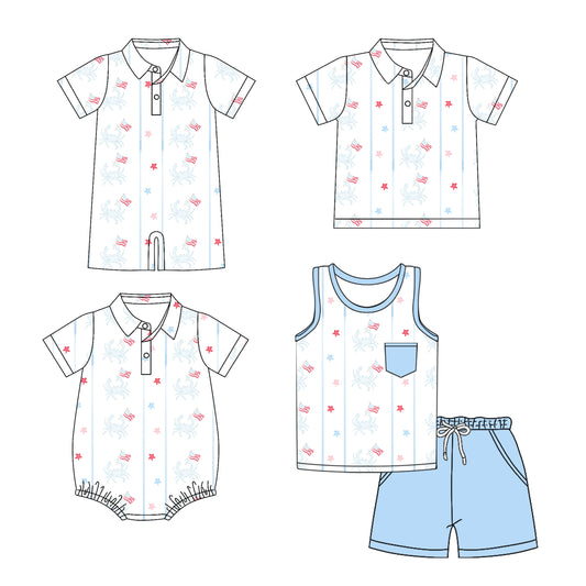 Preorder moq 5 Custom Baby Boys Short Sleeves Button Pocket Stars Crab Flags Top Short 4th Of July Set Polo Shirts And Rompers