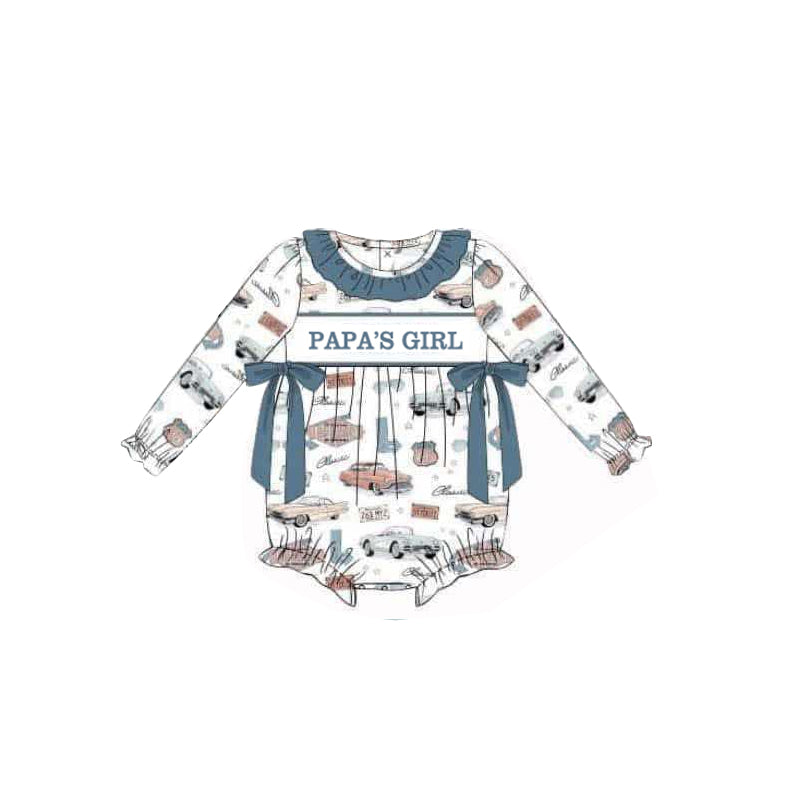 Preorder (moq 5)Baby Girls Long Ruffle Sleeves PAPA'S GIRL Cars Bows Ruffle Rompers