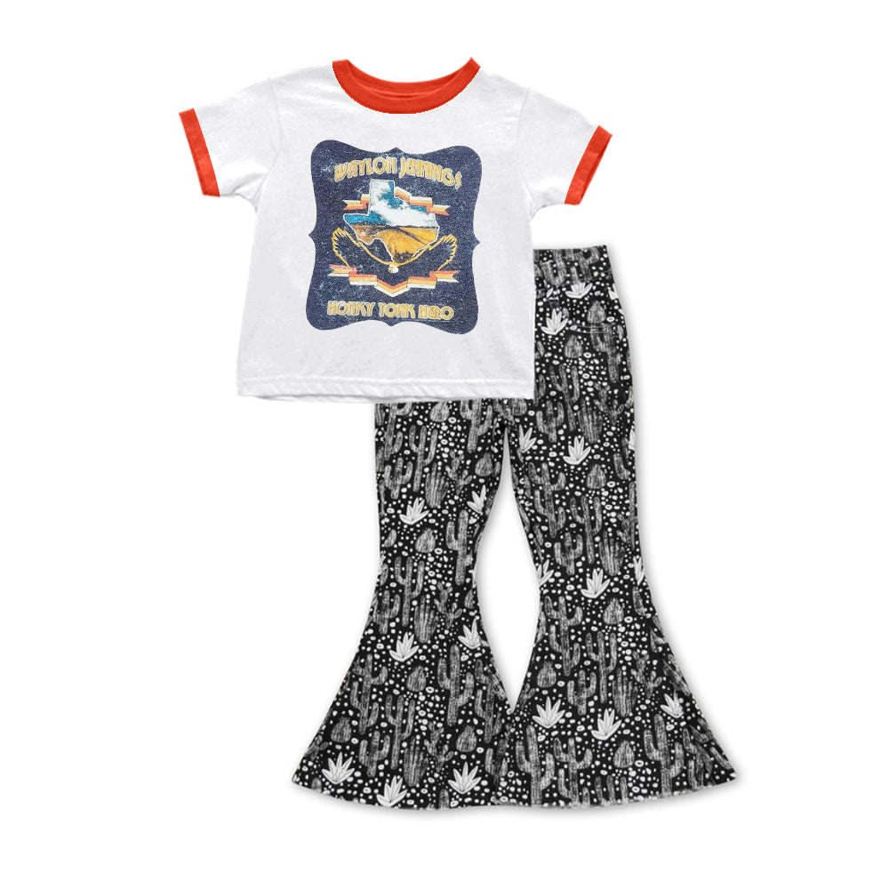 Baby Girls Western White Tee Shirts Tops Black Cactus denim pants sets preorder(moq 5)
