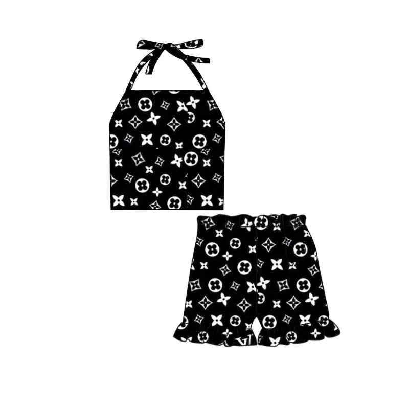 Baby Girls Black Flowers Halter Top Ruffle Shorts Clothes Sets preorder (moq 5)