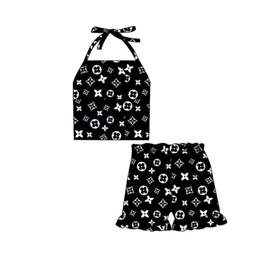 Baby Girls Black Flowers Halter Top Ruffle Shorts Clothes Sets preorder (moq 5)