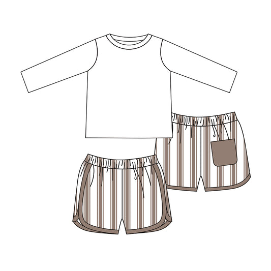 Baby Boys White Top Khaki Stripes Pocket Trunk Swimsuits preorder(moq 5)