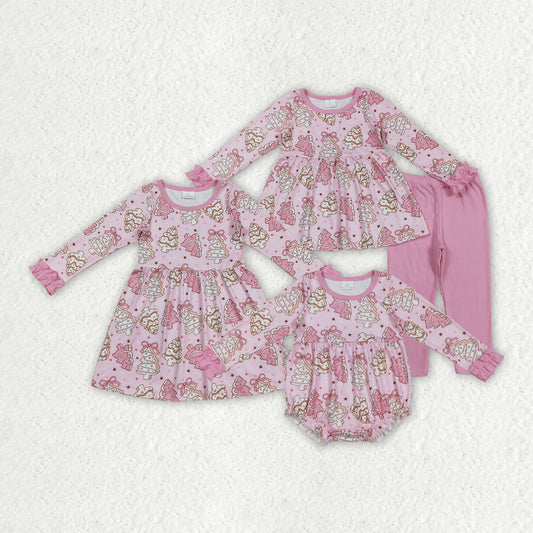 Sibling Baby Girls Pink Bows Stripe Trees Christmas Clothes Sets Rompers Knee Length Dresses