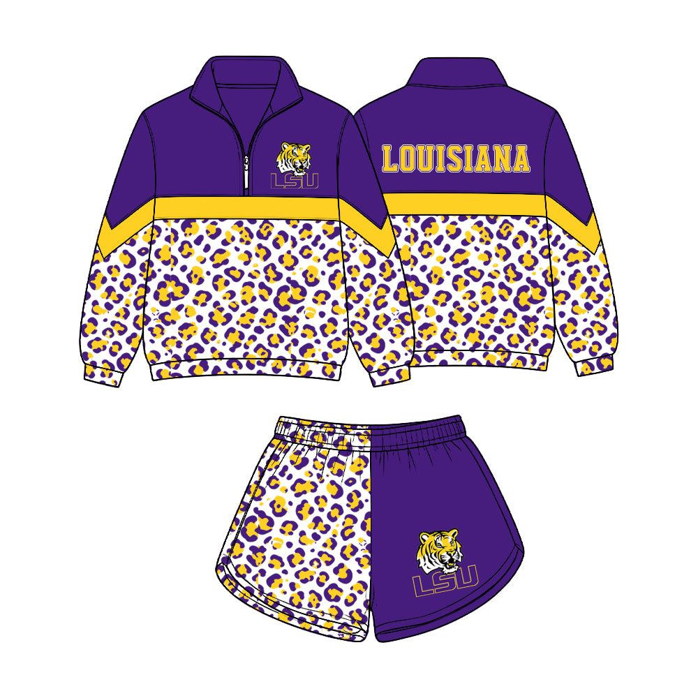 Preorder (moq 5)Baby Girls Purple Yellow Leopard Louisiana Zip Pullovers Short Team Clothes Set