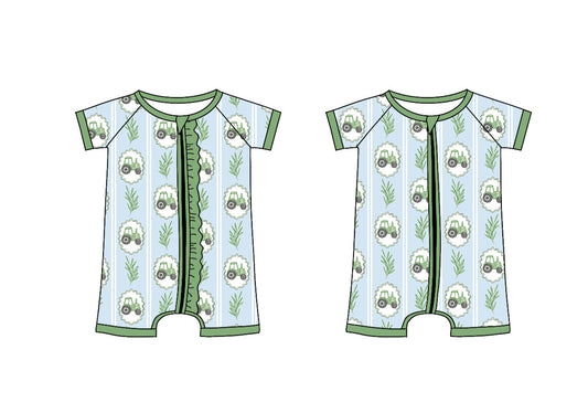 Preorder moq 5 Custom Baby Kids Green Short Sleeves Trucks Farm Zipper Rompers