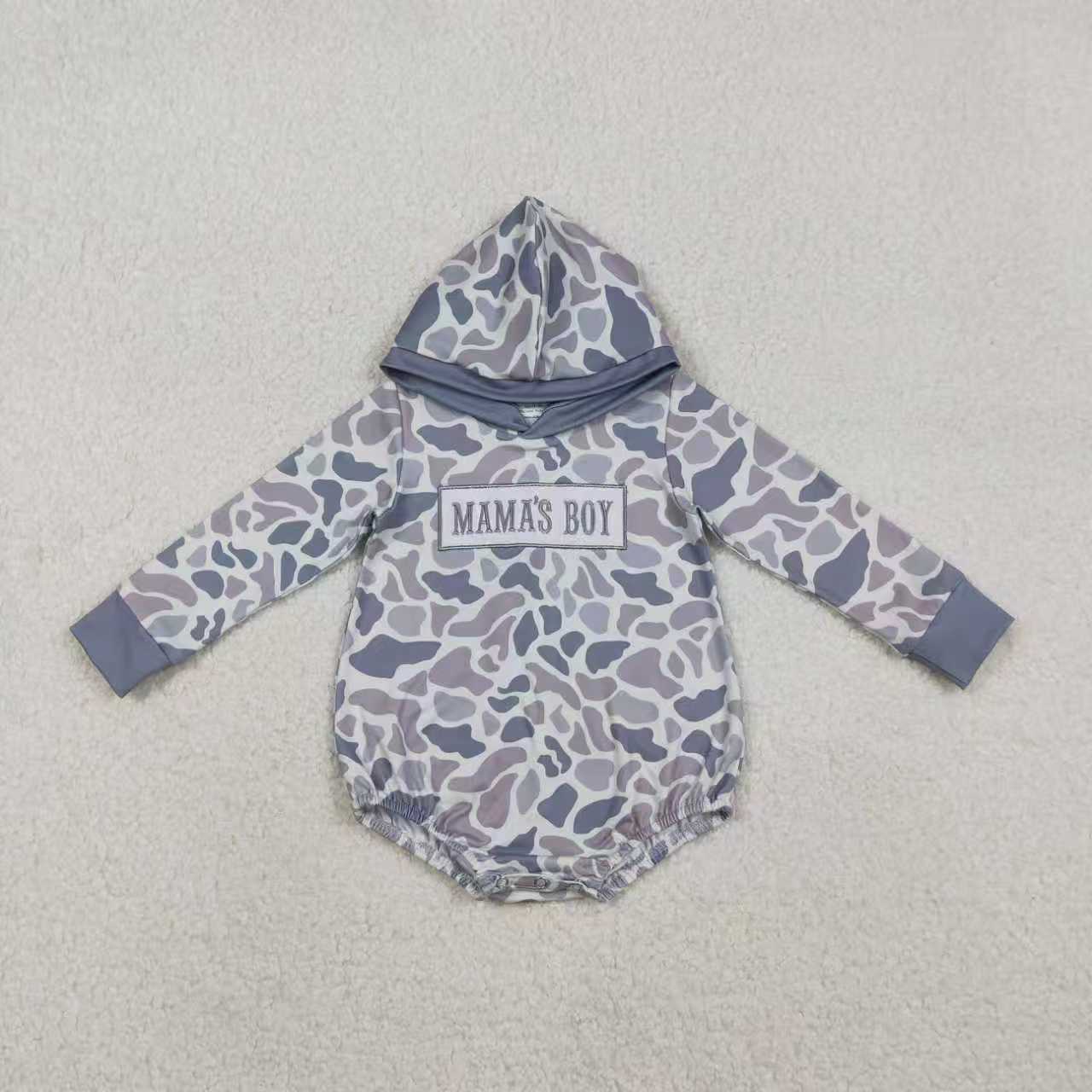 Sibling Baby Boys Embroidery Mama's Boy Light Grey Camo Pockets Pant Clothes Sets Hoodie Romper