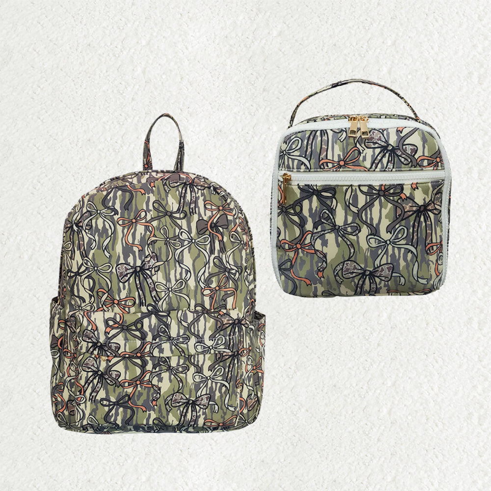 Sibling Baby Girls Back To School Wood Camo Bows Backpack Bags Lunch Boxes