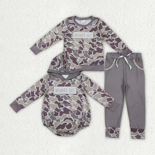 Sibling Baby Boys Embroidery Mama's Boy Grey Camo Pockets Pants Clothes Sets Hoodie Romper