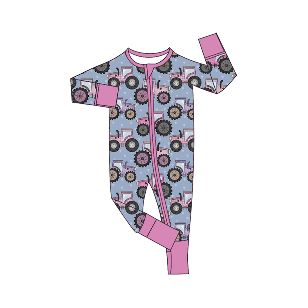 Baby Infant Girls Pink Tractors Long Sleeve Zip Rompers preorder(moq 5)