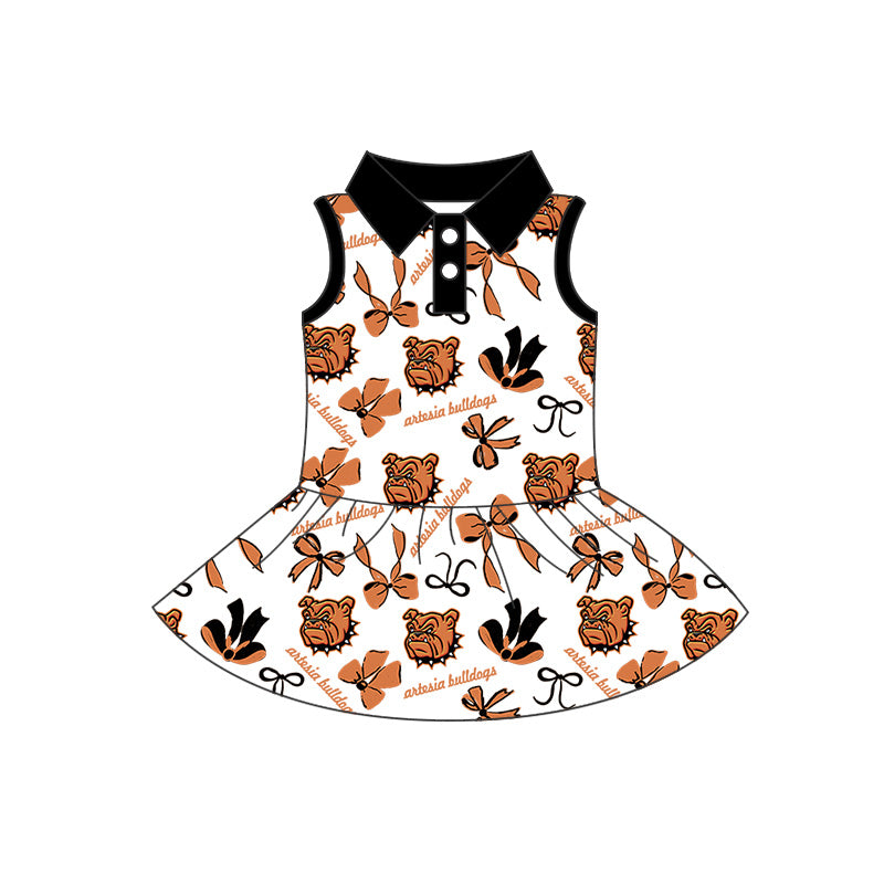 Preorder (moq 5)Baby Girls Orange Dog Sleeveless Bows Button Team Knee Length Dresses