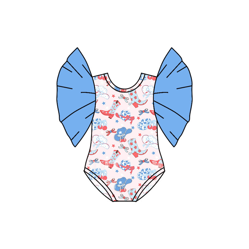 Preorder(moq 5)Baby Infant Girls 4th Of July Western Hats Boots Flutter Sleeve Rompers