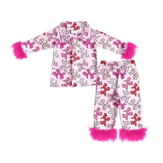 Preorder (moq 5)Baby Girls Hearts Balloon Dogs Button Top Pants Valentines Fur Sleeve Pajamas Sets