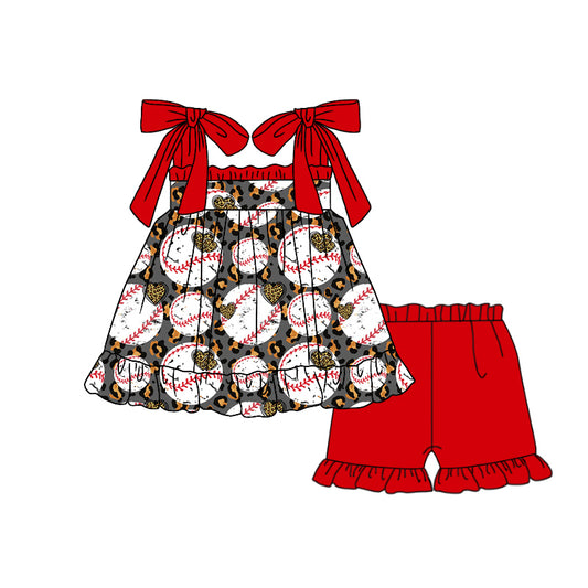 Preorder (moq 5)Baby Girls Straps Baseball Leopard Tunic Top Ruffle Shorts Clothes Sets