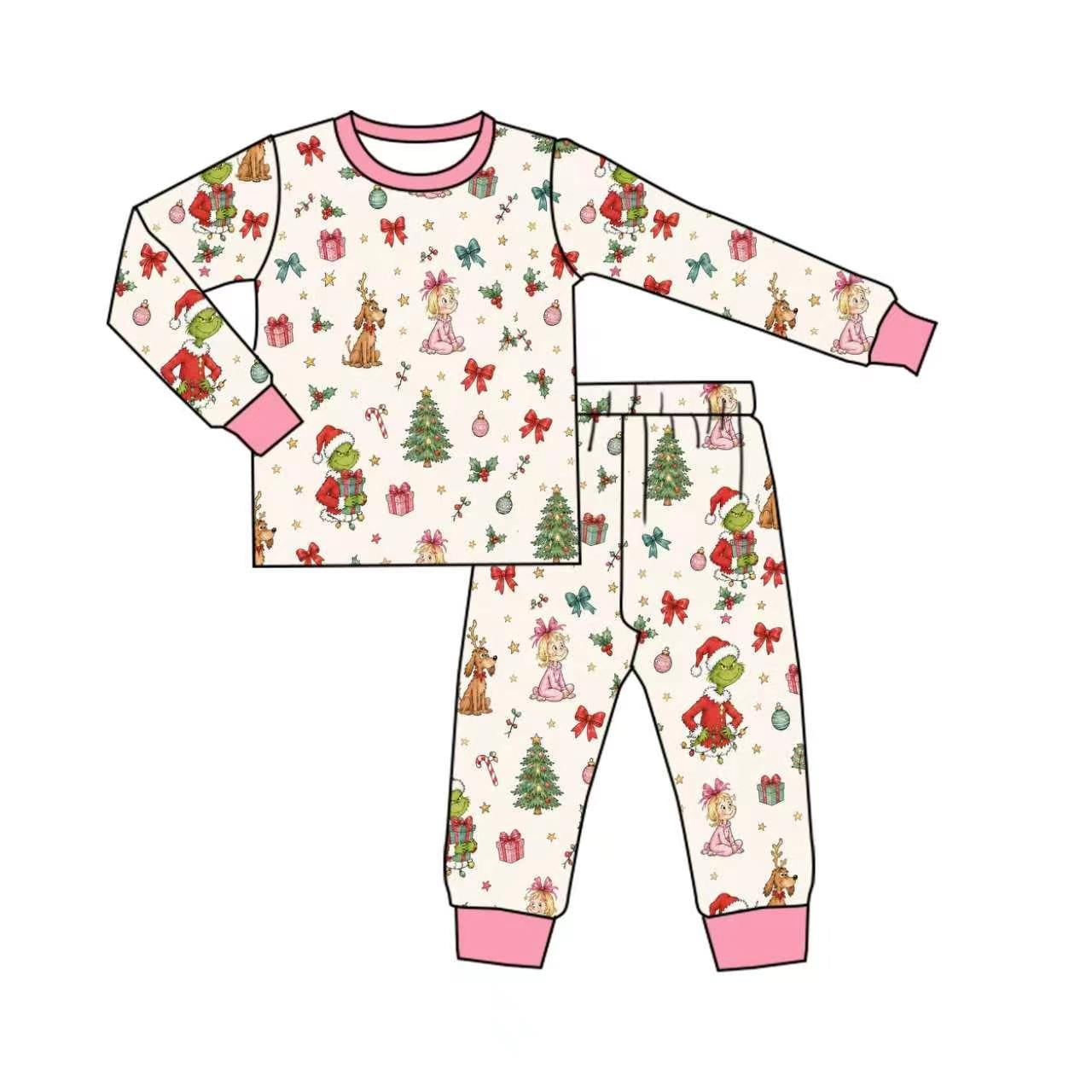 Preorder (moq 20)Baby Girls Bamboo Christmas Tree Cartoon Pants Pajamas Sets