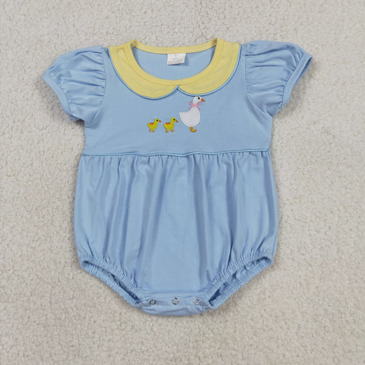 Embroidery Ducks Goose Baby Girls Short Sleeve Collar Ruffle Rompers