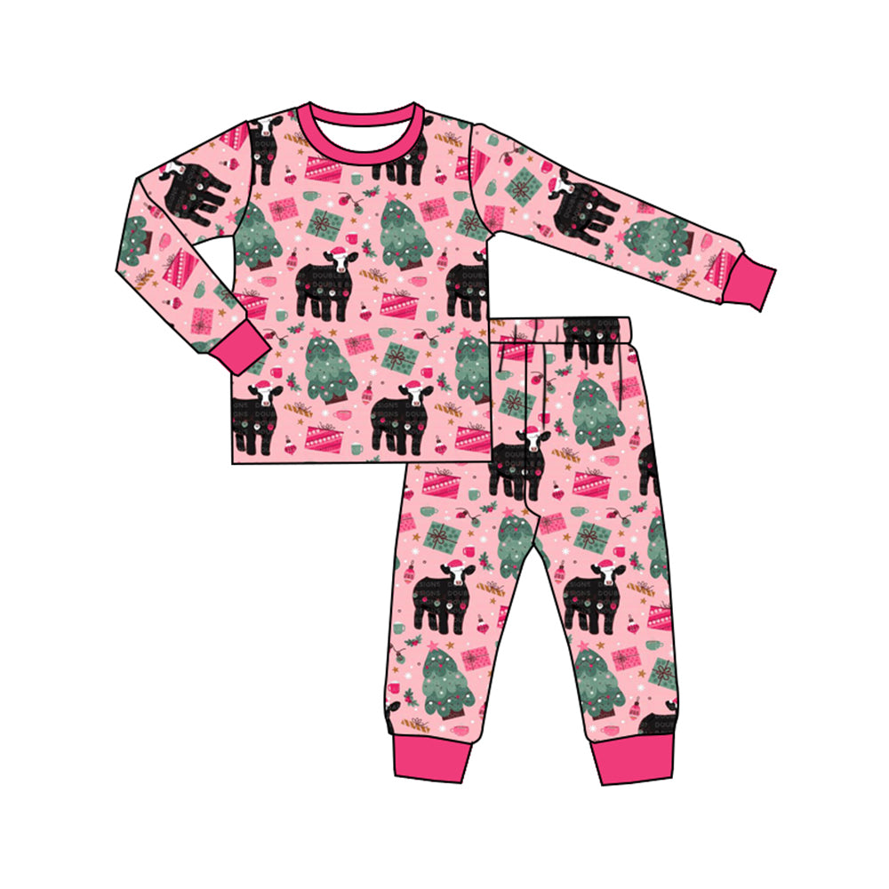 Baby Girls Western Cow Tree Christmas Tee Top Pants Pajamas Clothes Sets preorder(MOQ 5)