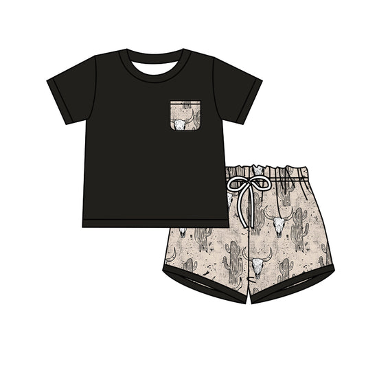 Baby Boys Black Pocket Shirts Cactus Cows Shorts Clothes Sets preorder(moq 5)