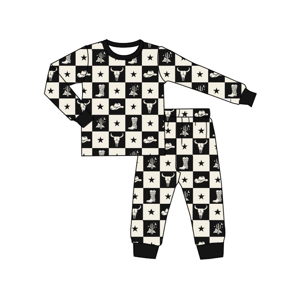 Baby Boys Black Western Cow Boots Top Pants Pajamas Clothes Sets preorder(MOQ 5)