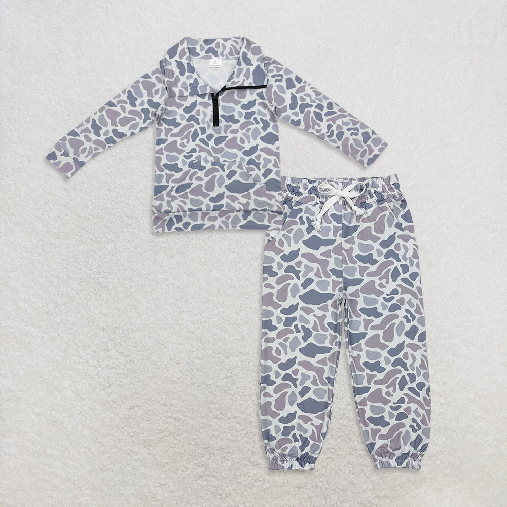 Baby Boys Grey Camo Pockets Zipper Pullovers Jogger Pants Western Clothes Sets