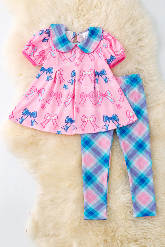 Preorder (moq 5)Baby Girls Pink Short Sleeves Flowers Bows Tunic Blue Plaid Legging Pant Set