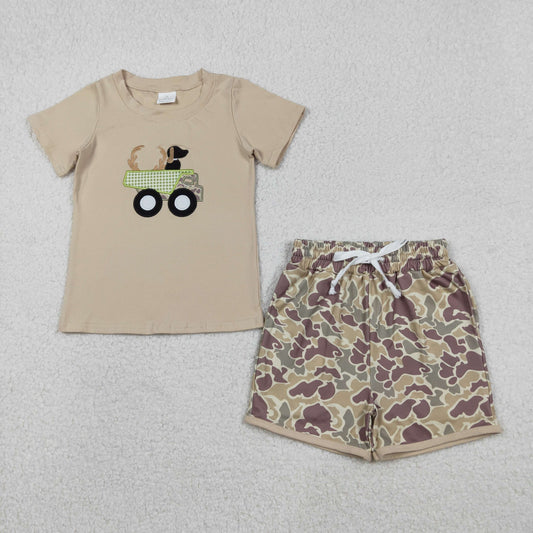 Embroidery Deer Truck Baby Boys Khaki Top Camo Shorts Hunting Clothes Sets