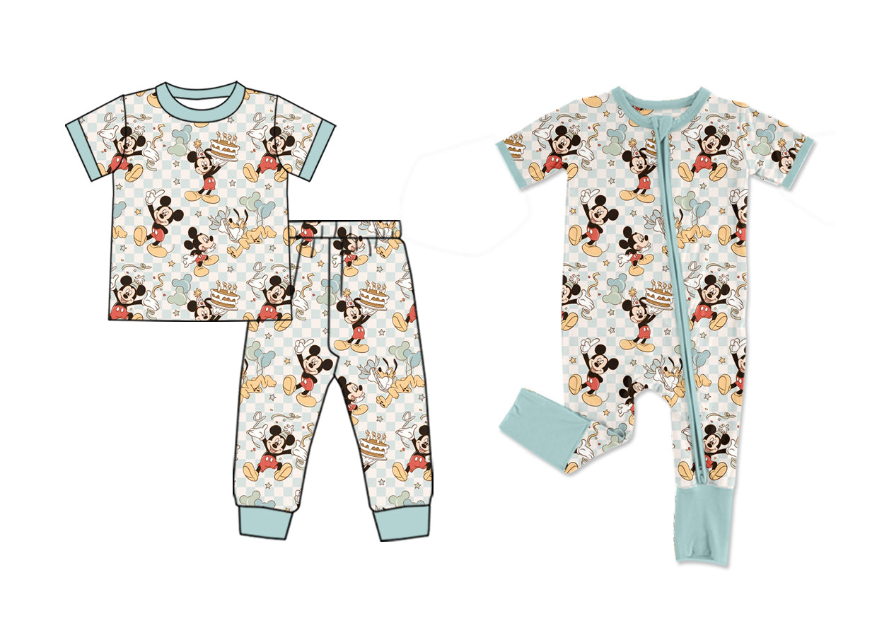 Preorder(moq 5 each)Baby Boys Birthday Mouse Top Pants Pajamas Zip Rompers Clothes Sets
