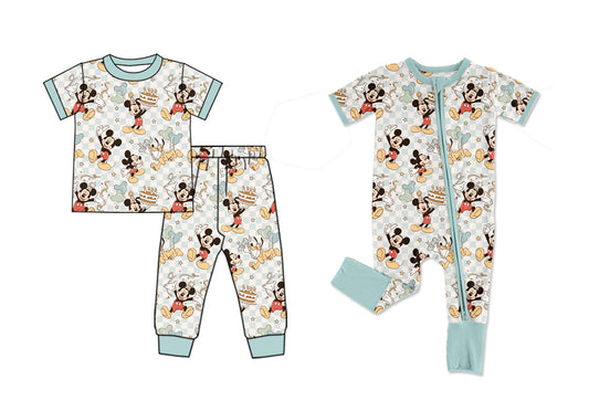 Preorder(moq 5 each)Baby Boys Birthday Mouse Top Pants Pajamas Zip Rompers Clothes Sets