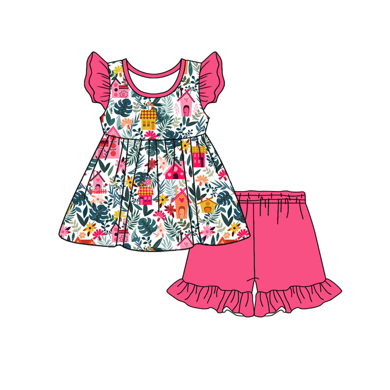 Preorder (moq 5)Baby Girls Farm Leaves Tunic Top Ruffle Shorts Clothes Sets