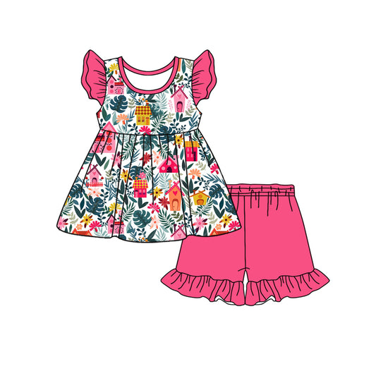 Preorder (moq 5)Baby Girls Farm Leaves Tunic Top Ruffle Shorts Clothes Sets