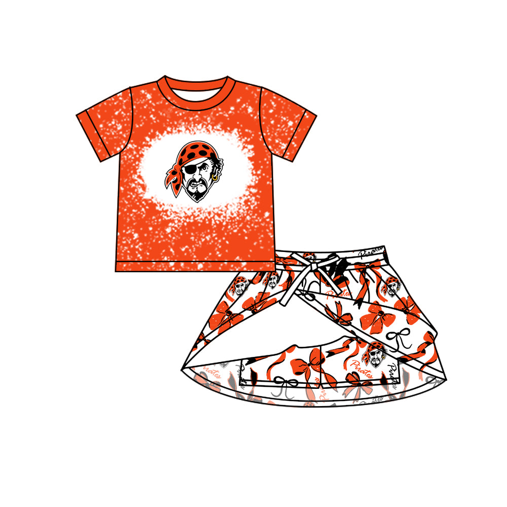 Preorder (moq 5)Baby Girls Orange Short Sleeves Pirates Top Bows Skorts Team Sets