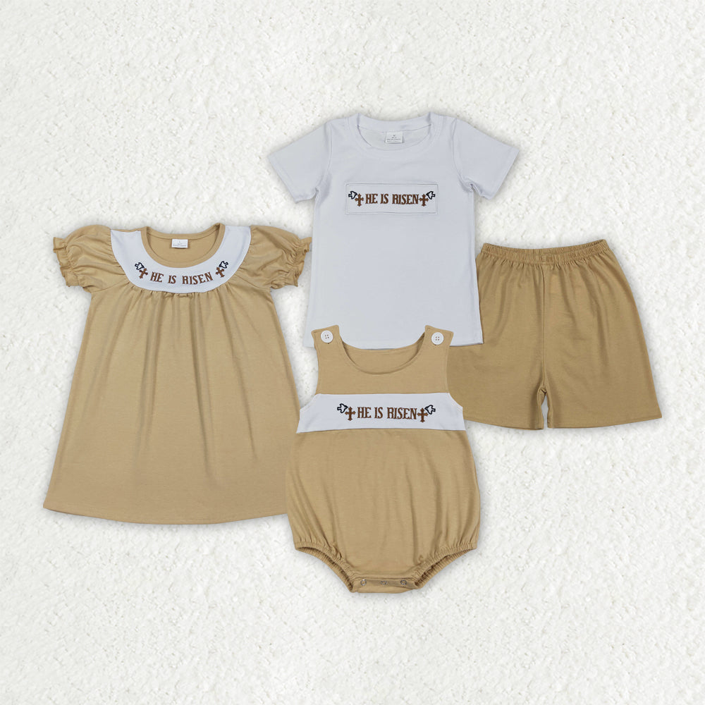 Sibling Baby Boys Girls Embroidery Crosses He is Risen Easter Clothes Sets Knee Length Dress