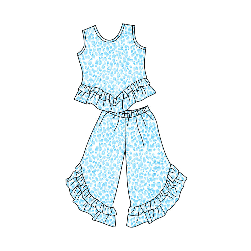 Baby Girls Blue Sleeveless Leopard Top Ruffle Pants Clothes Sets order preorder (moq 5)