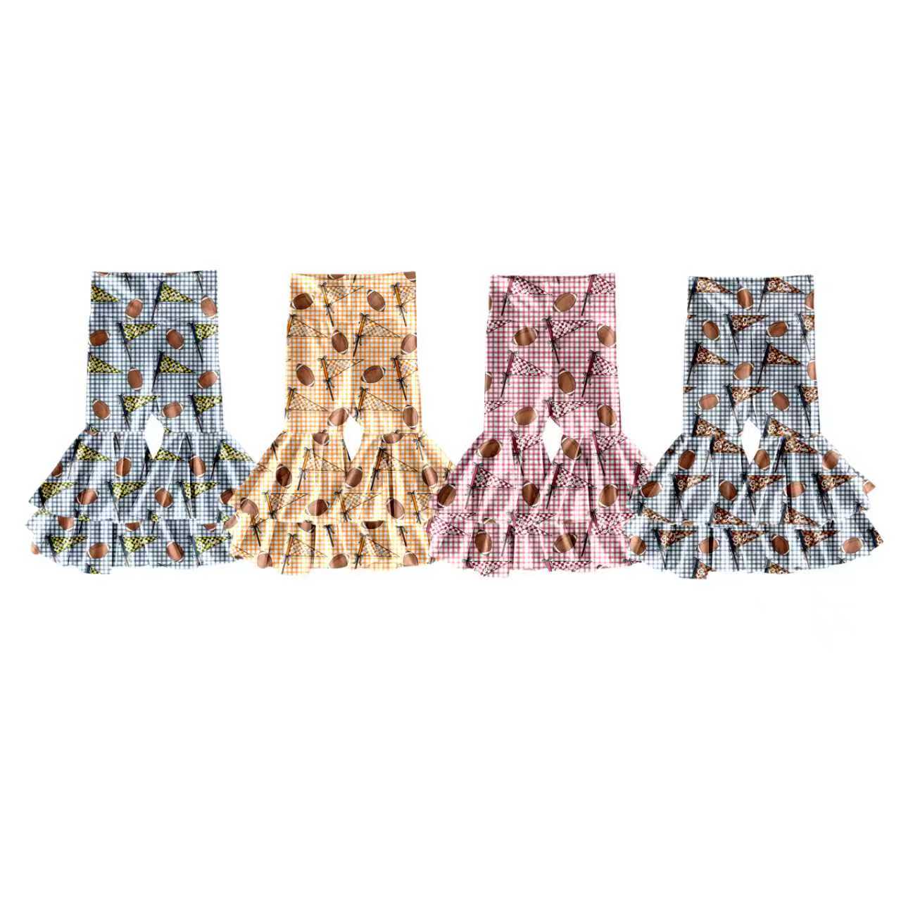 Preorder moq 5 (each item)Baby Girls Checked Footballs Flags Ruffle Bell Bottom Pants