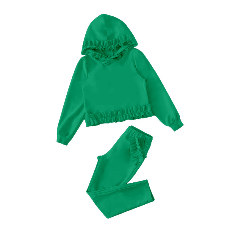 Baby Girls Green Hooded Top Ruffle Legging Pants Clothes Sets Preorder(moq 5)