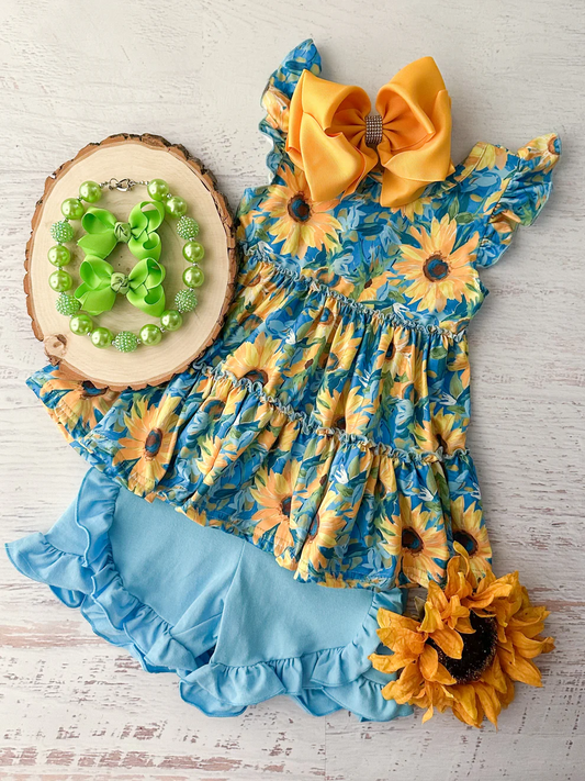 Preorder (moq 5)Baby Girls Blue Flutter Sleeves Sunflowers Tunic Ruffle Short Set