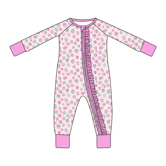 Baby Infant Girls Ruffle Pink Leopard Long Sleeve Zip Rompers preorder(moq 5)