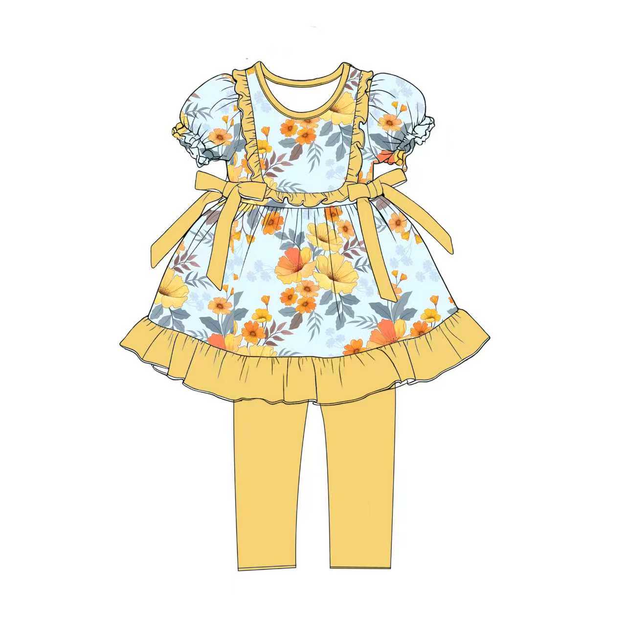 Preorder (moq 5)Baby Girls Yellow Flowers Bows Tunic Legging Pants Clothes Sets
